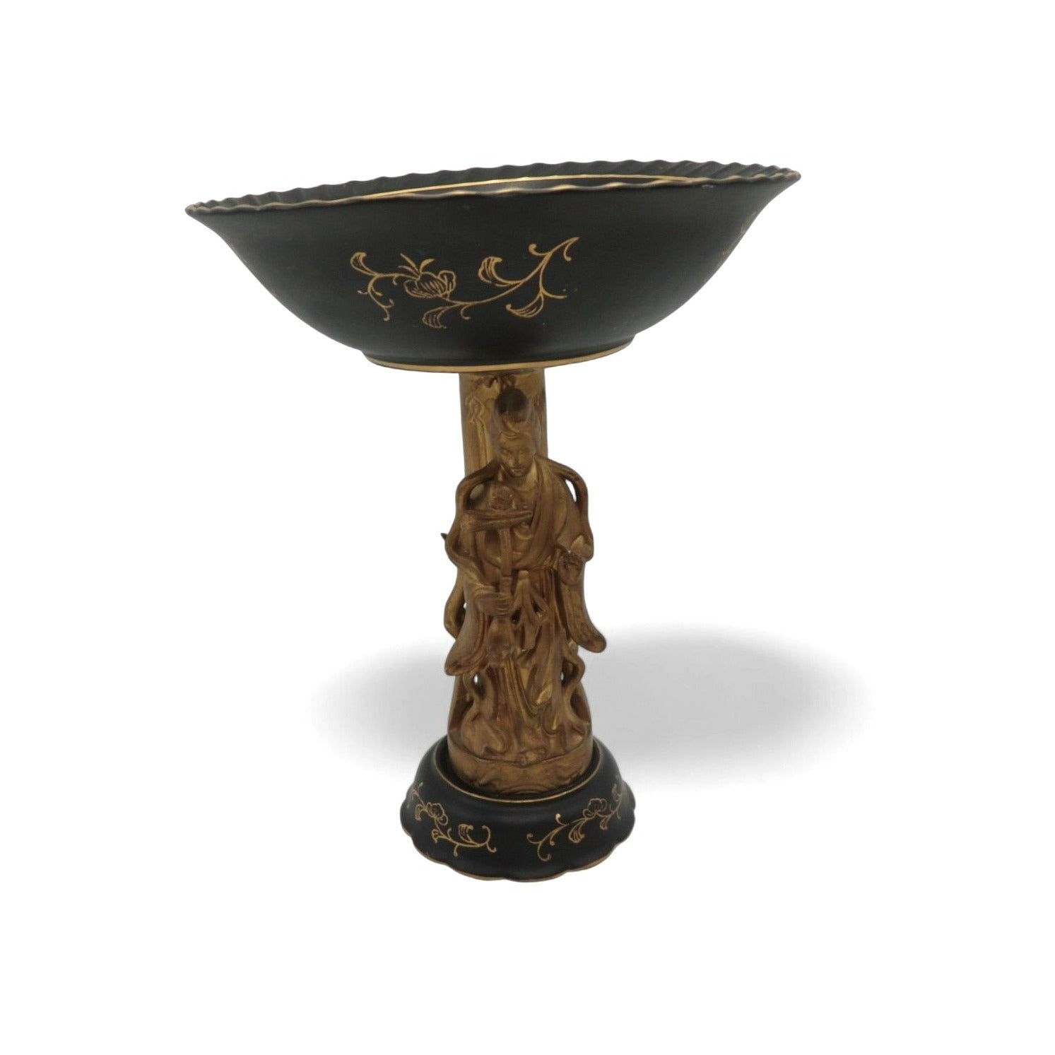 Vintage Japan Figural Pedestal Lenwile Ardalt Black & Gold Compote 9"