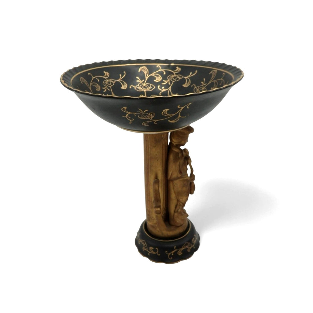 Vintage Japan Figural Pedestal Lenwile Ardalt Black & Gold Compote 9"