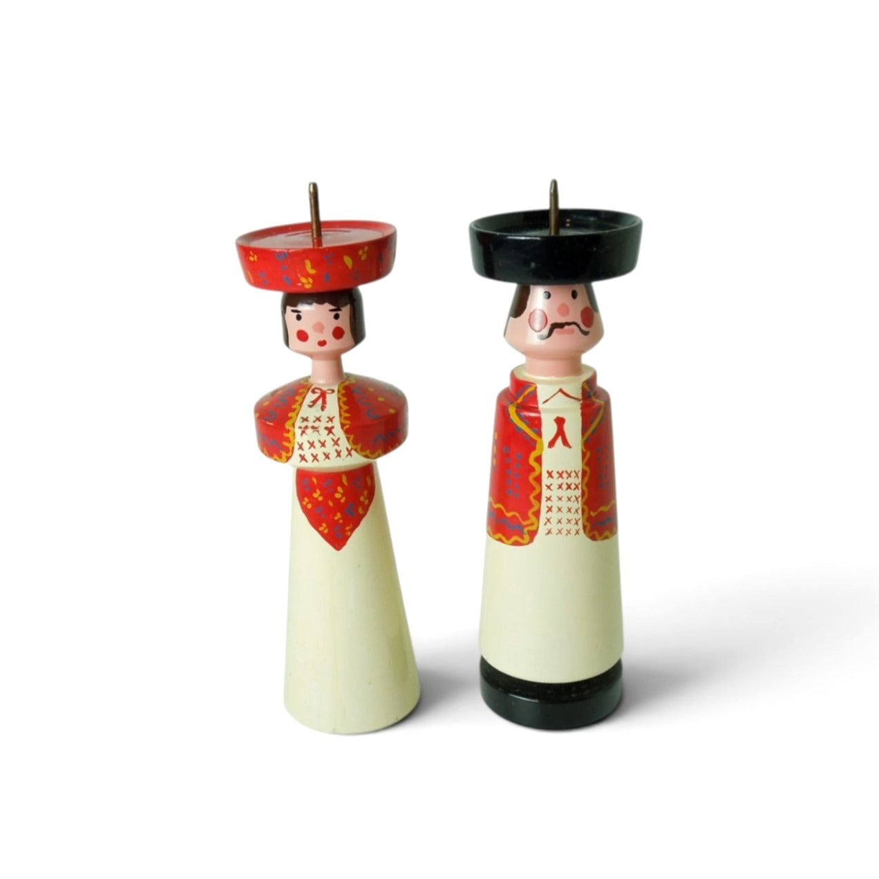 Pair of Vintage Estonian Folk Art Wooden Candlestick Holders 6.7"