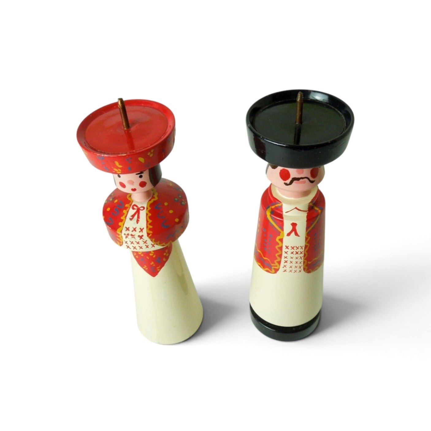 Pair of Vintage Estonian Folk Art Wooden Candlestick Holders 6.7"