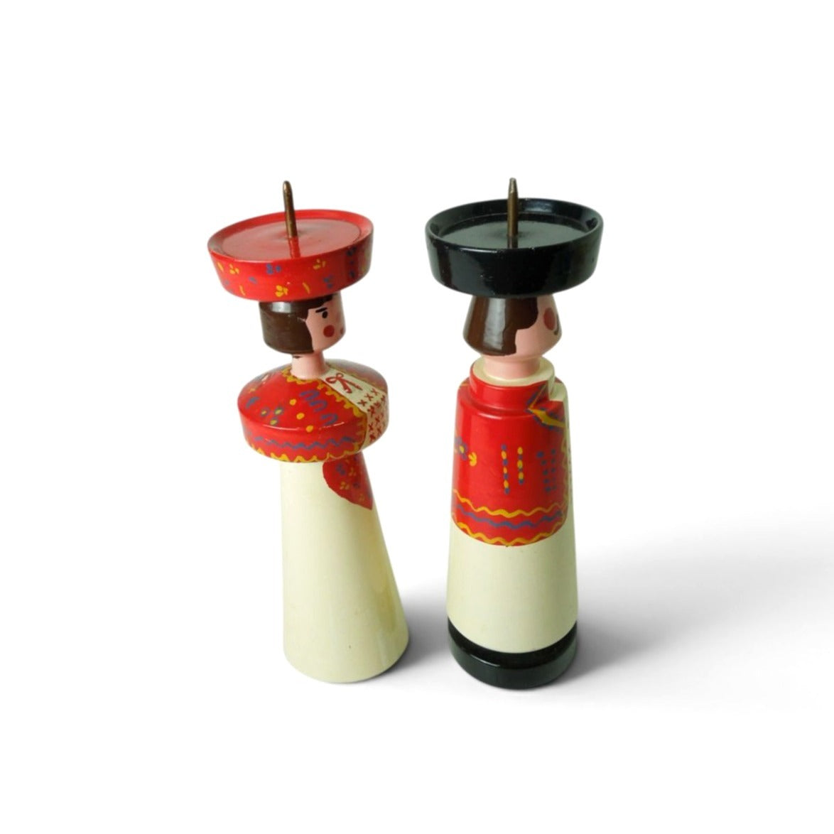 Pair of Vintage Estonian Folk Art Wooden Candlestick Holders 6.7"