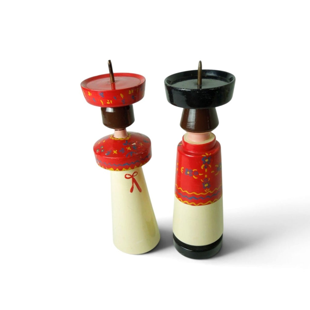 Pair of Vintage Estonian Folk Art Wooden Candlestick Holders 6.7"
