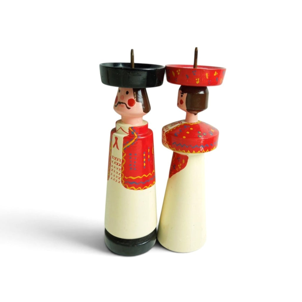 Pair of Vintage Estonian Folk Art Wooden Candlestick Holders 6.7"