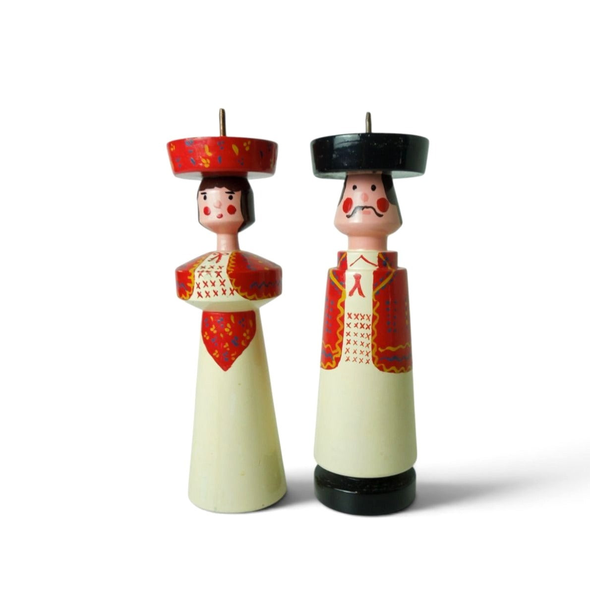 Pair of Vintage Estonian Folk Art Wooden Candlestick Holders 6.7"