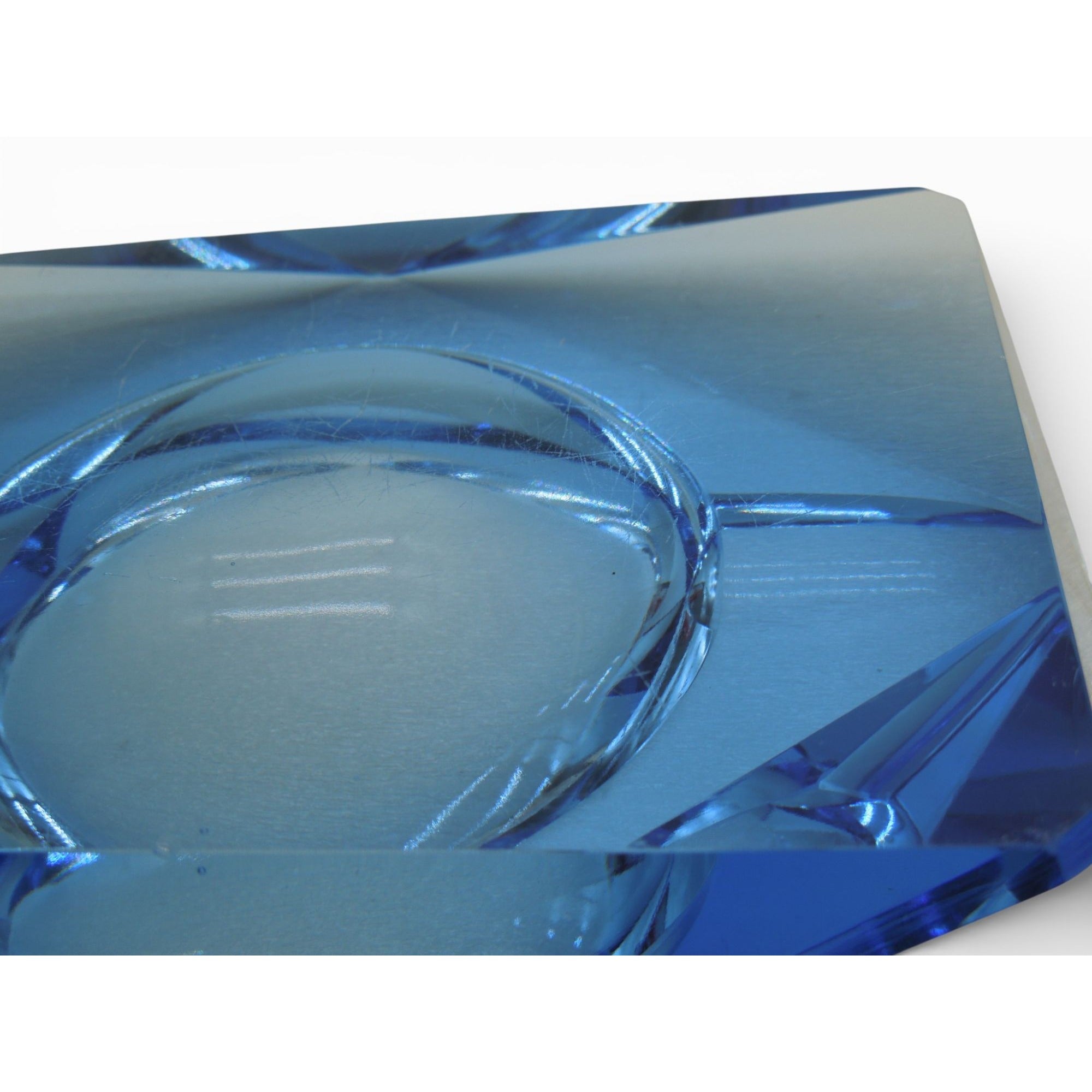 Kunstglas Gehren Faceted Ice Blue Glass Ashtray German GDR Vintage 6.2"