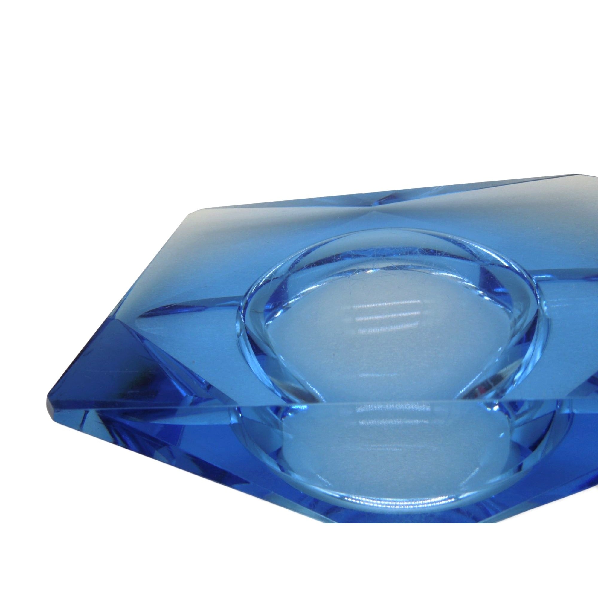 Kunstglas Gehren Faceted Ice Blue Glass Ashtray German GDR Vintage 6.2"