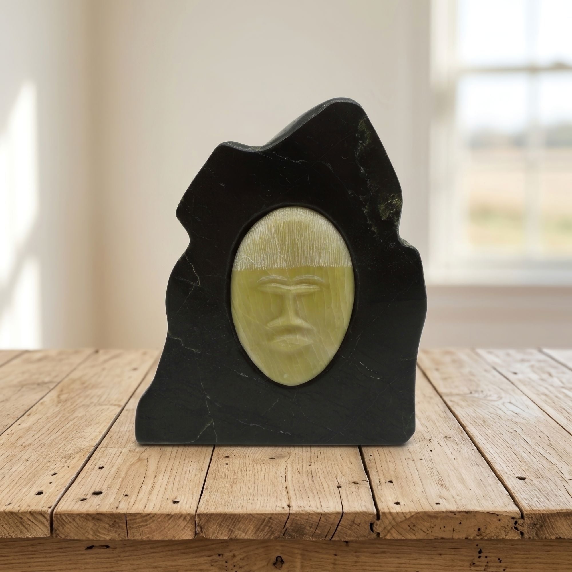 Vintage Indigenous Canadian Labrador Stone Carving Face Inlay Sculpture Decor 5"