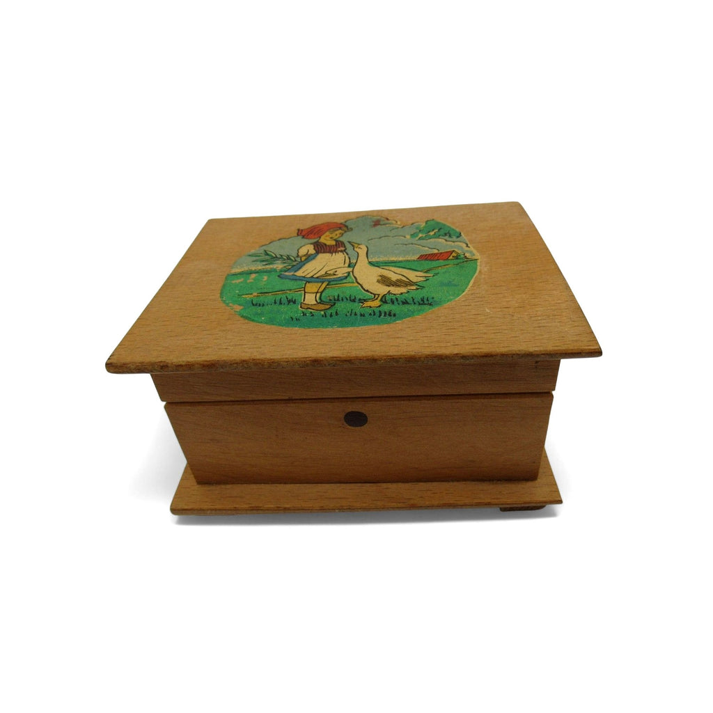 Vintage Wood Coin Bank Germany Girl Goose Small Locking Money Box 4"
