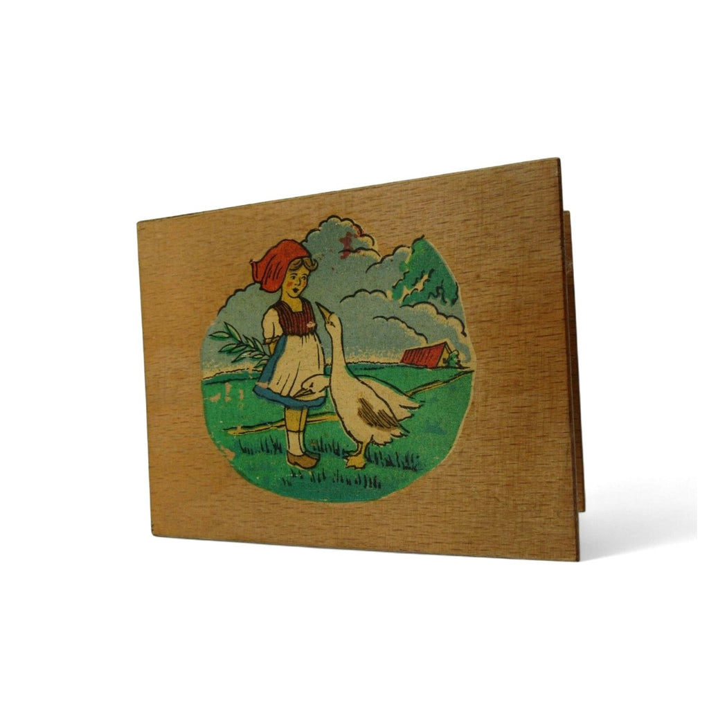 Vintage Wood Coin Bank Germany Girl Goose Small Locking Money Box 4"
