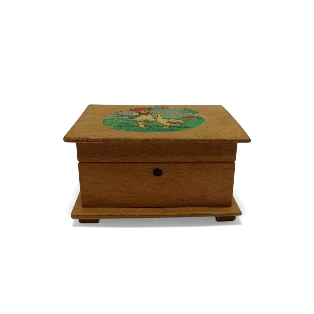 Vintage Wood Coin Bank Germany Girl Goose Small Locking Money Box 4"