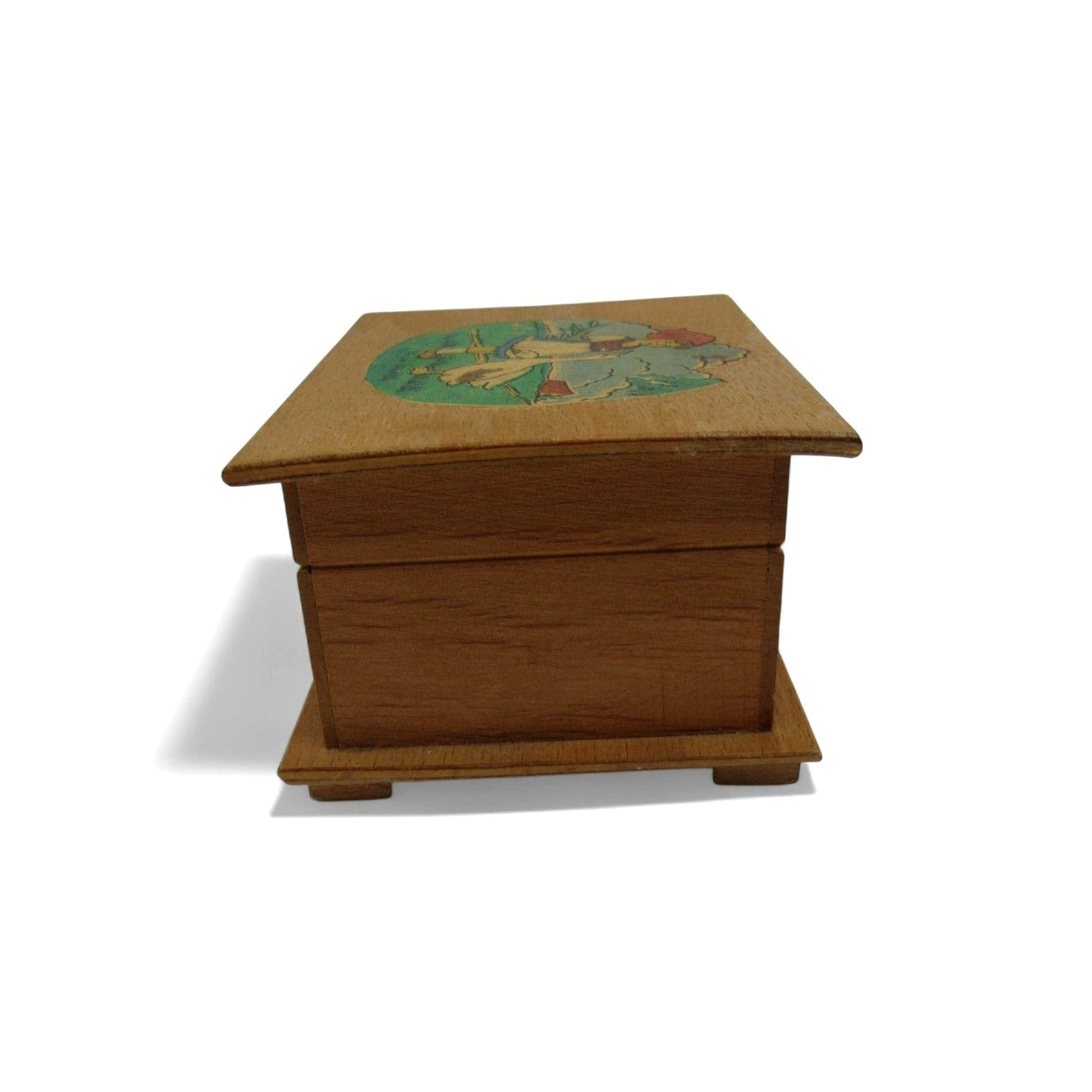 Vintage Wood Coin Bank Germany Girl Goose Small Locking Money Box 4"
