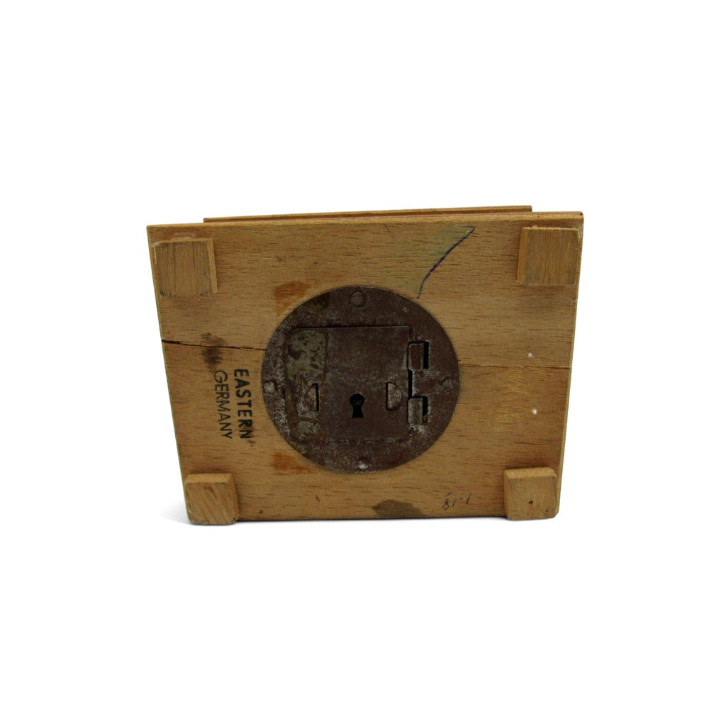 Vintage Wood Coin Bank Germany Girl Goose Small Locking Money Box 4"