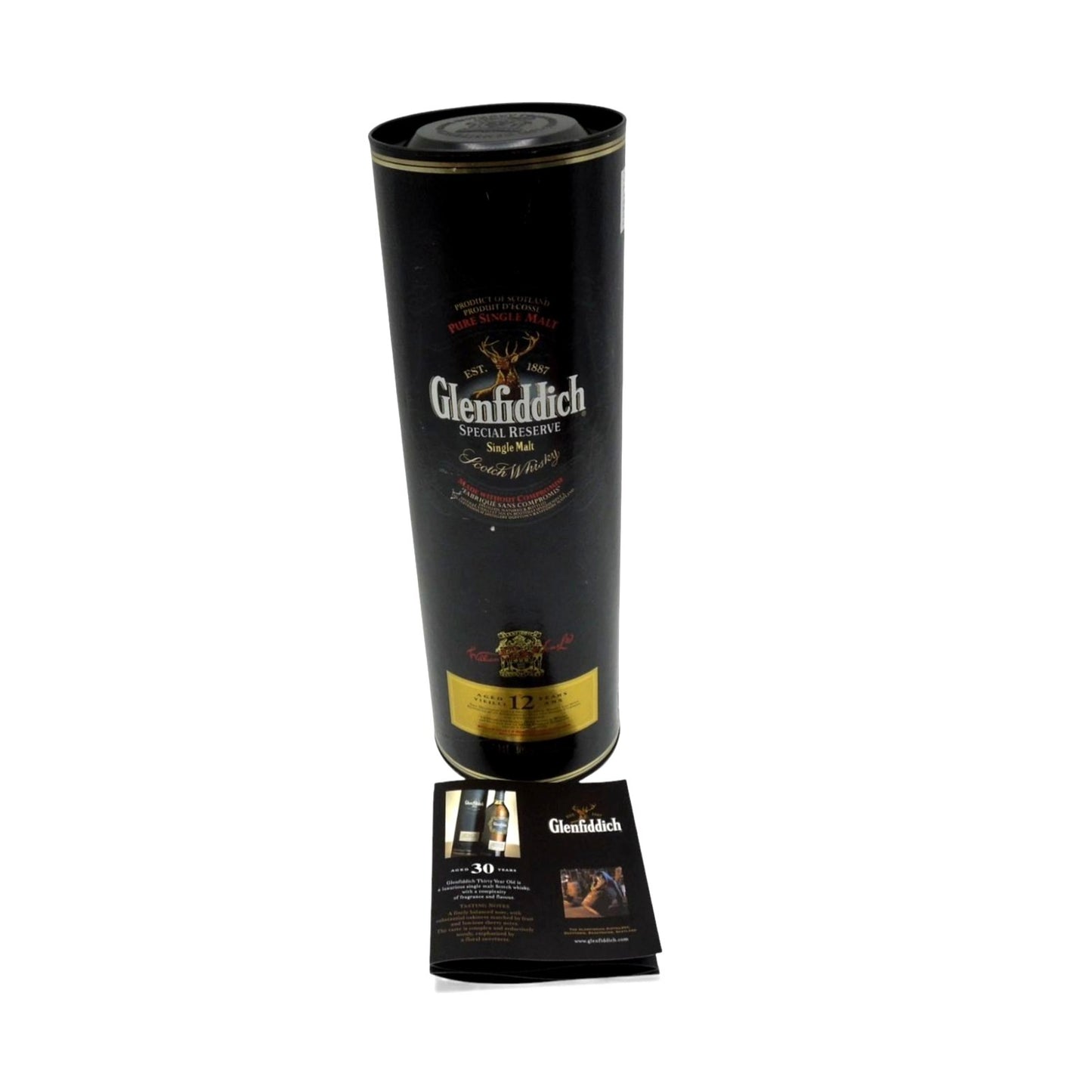 Vintage Glenfiddich 12 Year Scotch Whisky Empty Tube Tin Box & Brochure 12"