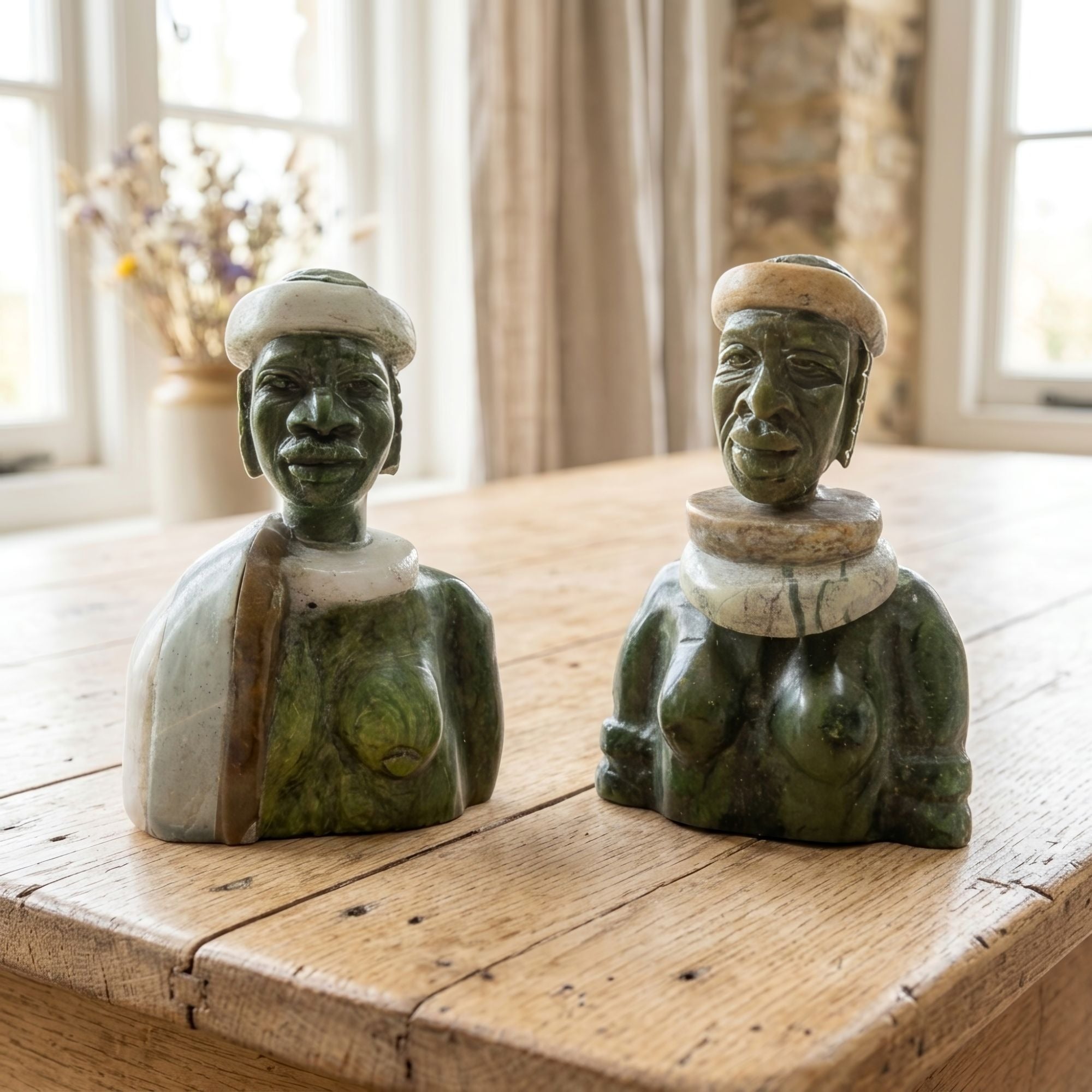 Small Stone Bust Set Colourful Hand Carved in South Africa 3.1"