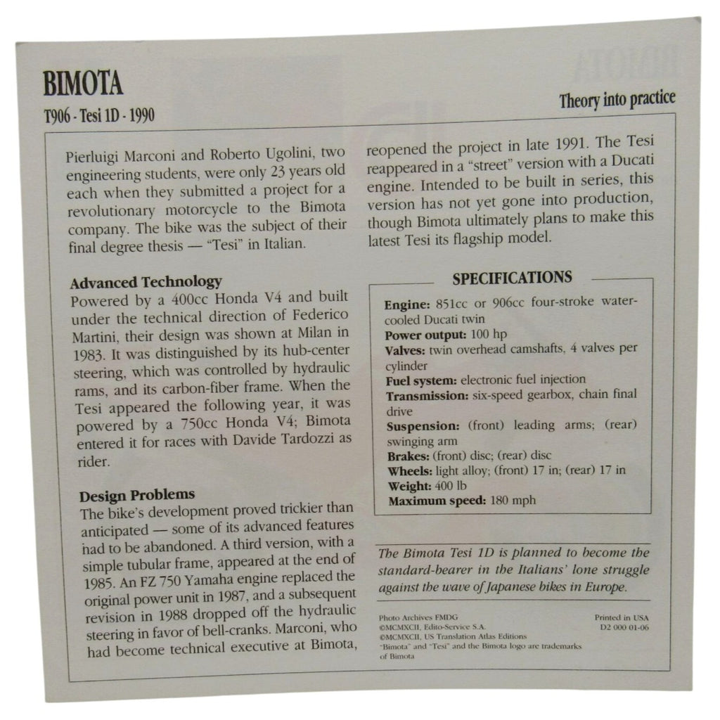 Bimota T906 Tesi 1D 1990 Italy Atlas Edito-Service SA Motorcycle Card
