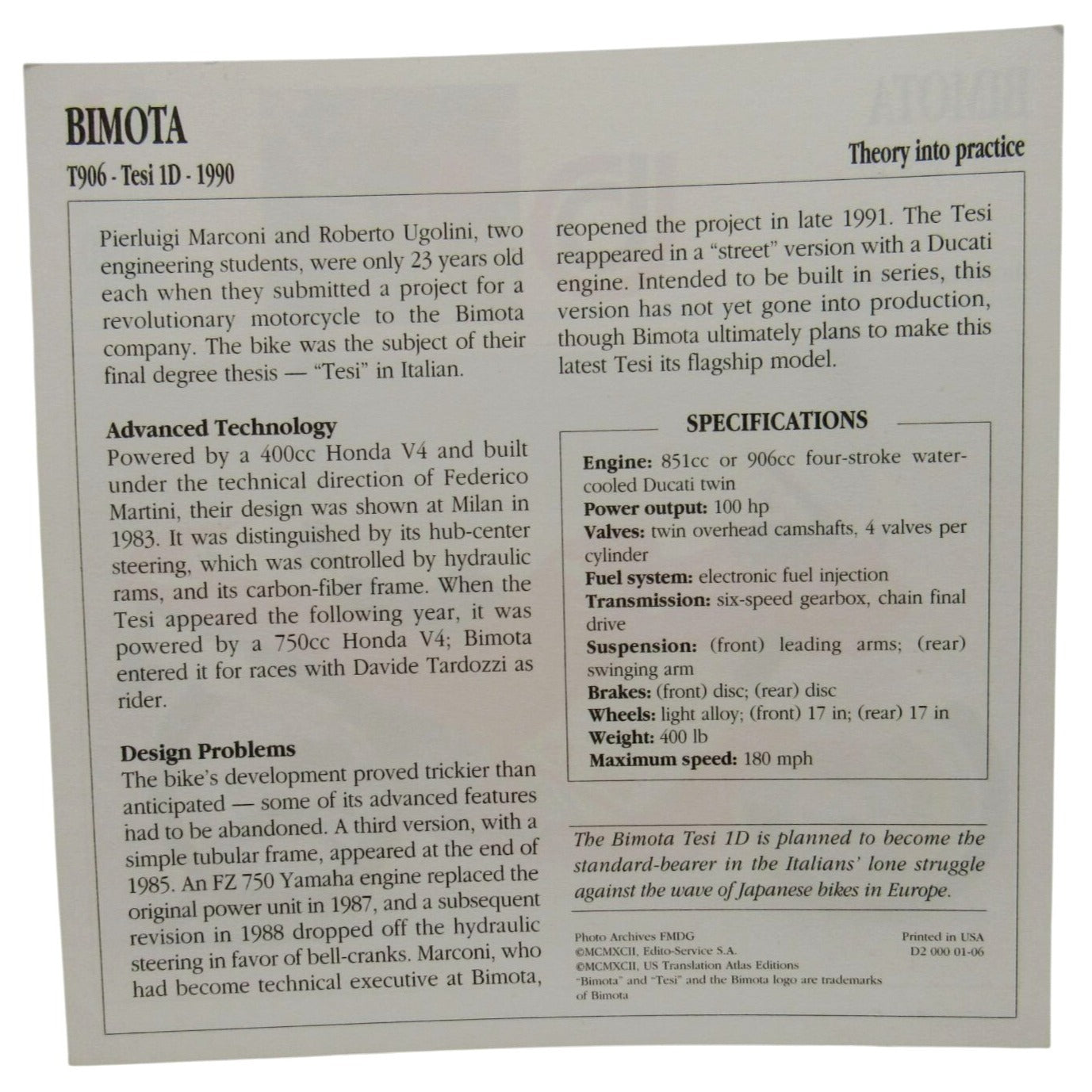 Bimota T906 Tesi 1D 1990 Italy Atlas Edito-Service SA Motorcycle Card