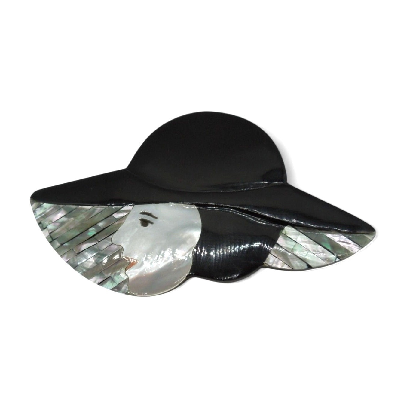 Lady in Hat Brooch Pin Mother of Pearl Woman with Hat 80s Vintage