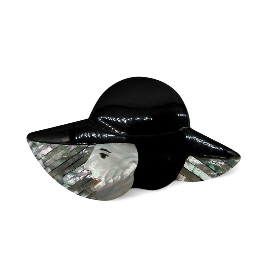 Lady in Hat Brooch Pin Mother of Pearl Woman with Hat 80s Vintage
