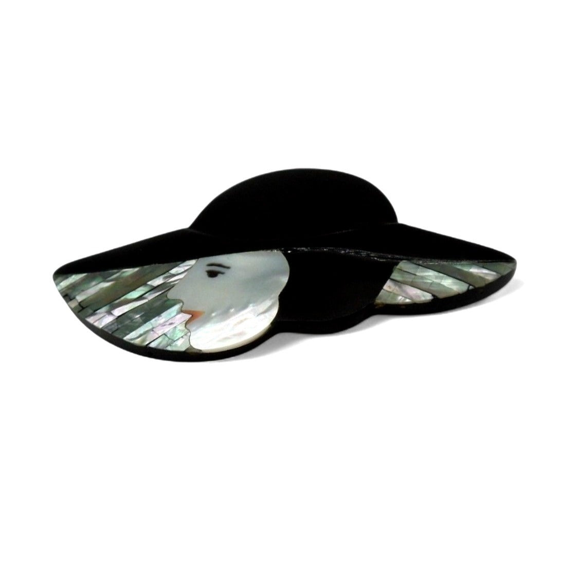 Lady in Hat Brooch Pin Mother of Pearl Woman with Hat 80s Vintage