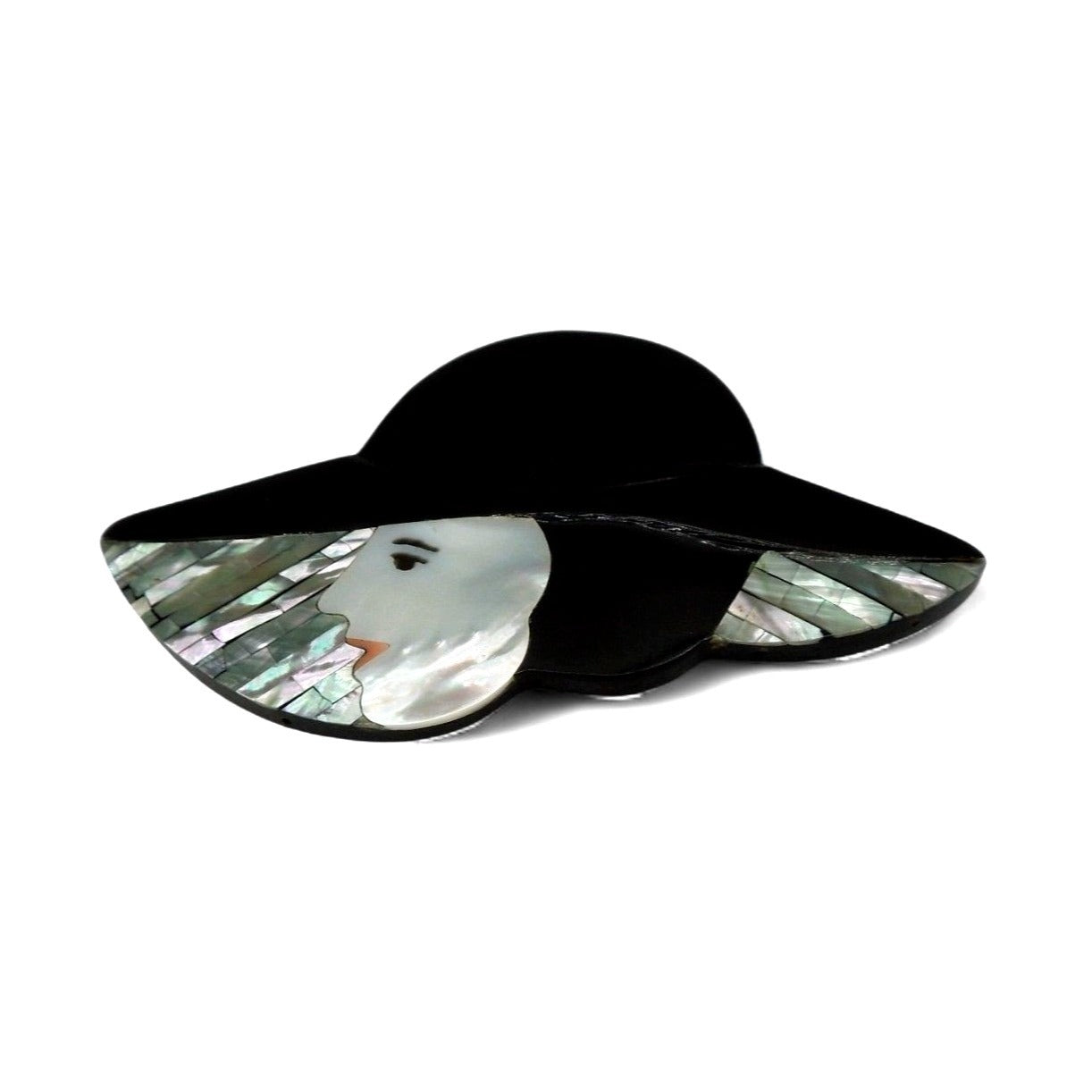 Lady in Hat Brooch Pin Mother of Pearl Woman with Hat 80s Vintage