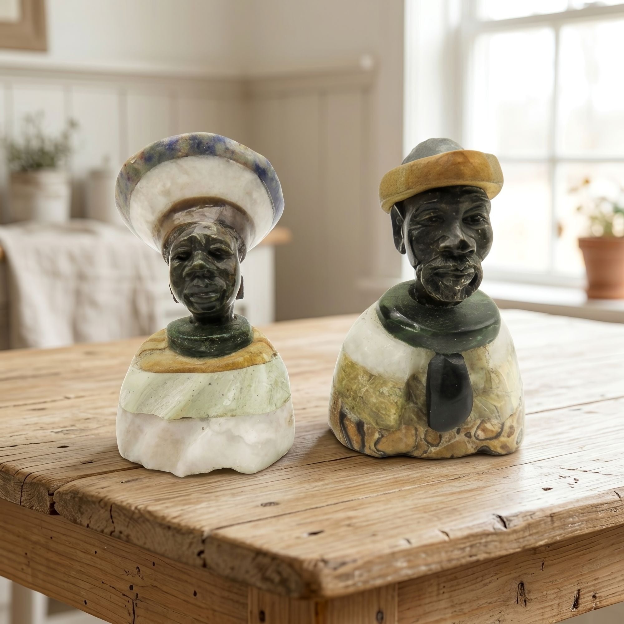 Small Stone Bust Set Colourful Hand Carved in South Africa 3.5" and 3.1"