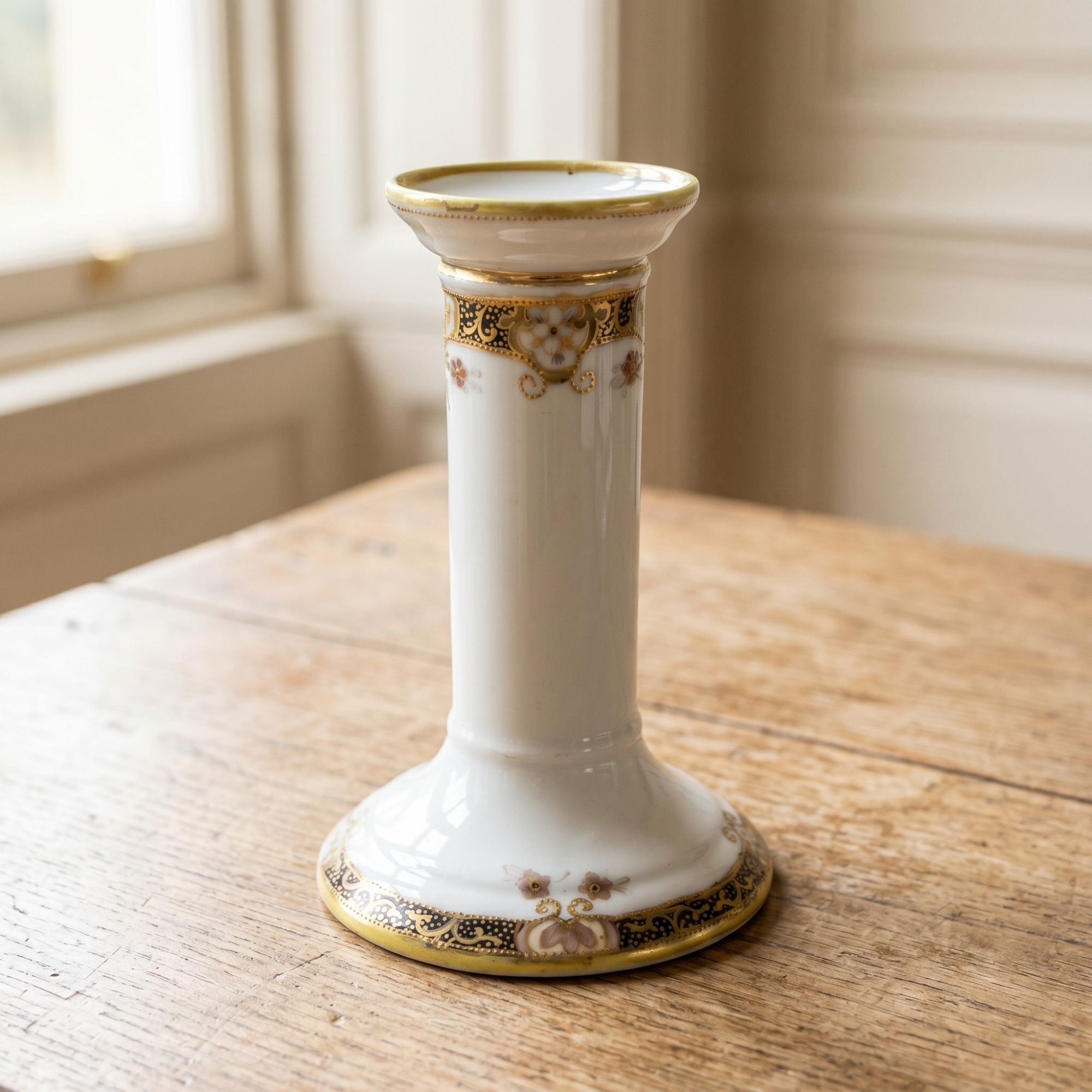 Nippon Porcelain Candle Holder Hand Painted Floral Design 5.9"
