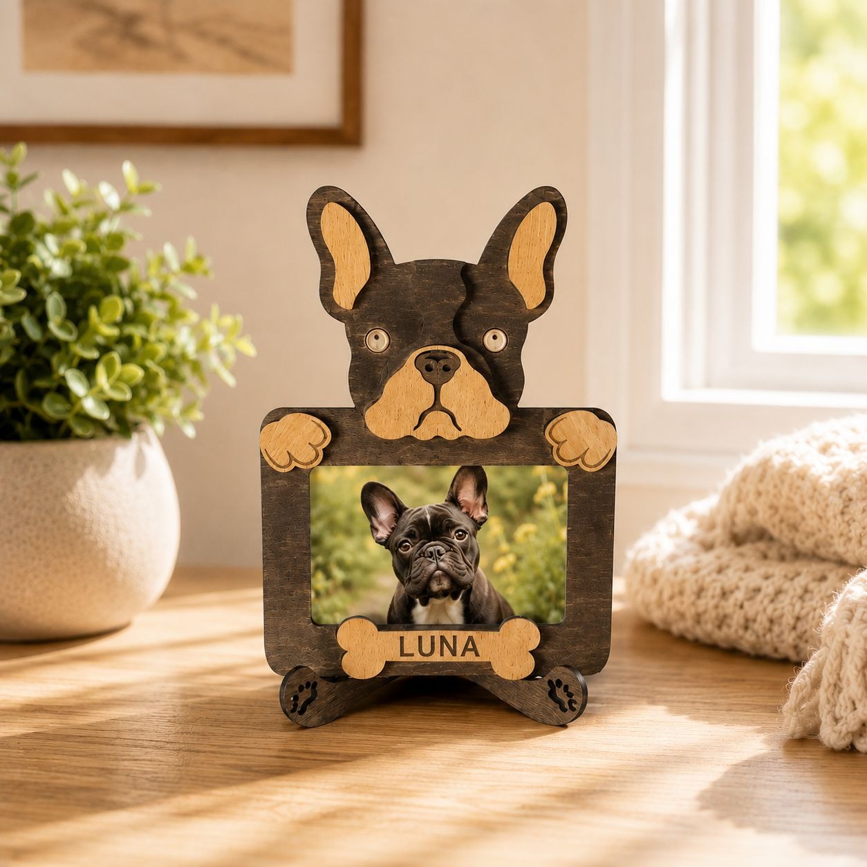 Personalized French Bulldog Wood Photo Frame With Acrylic Cover & Stand for 2 x 3" Photo
