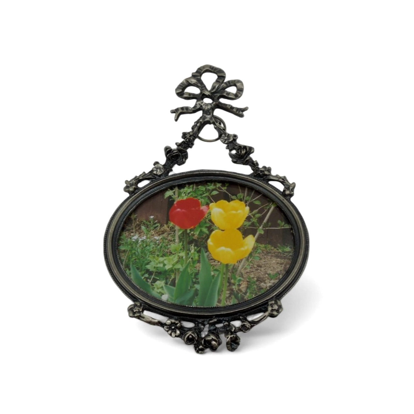 Ornate Silver Tone Metal Oval Photo Frame Bow Floral Easel Back 6.2"