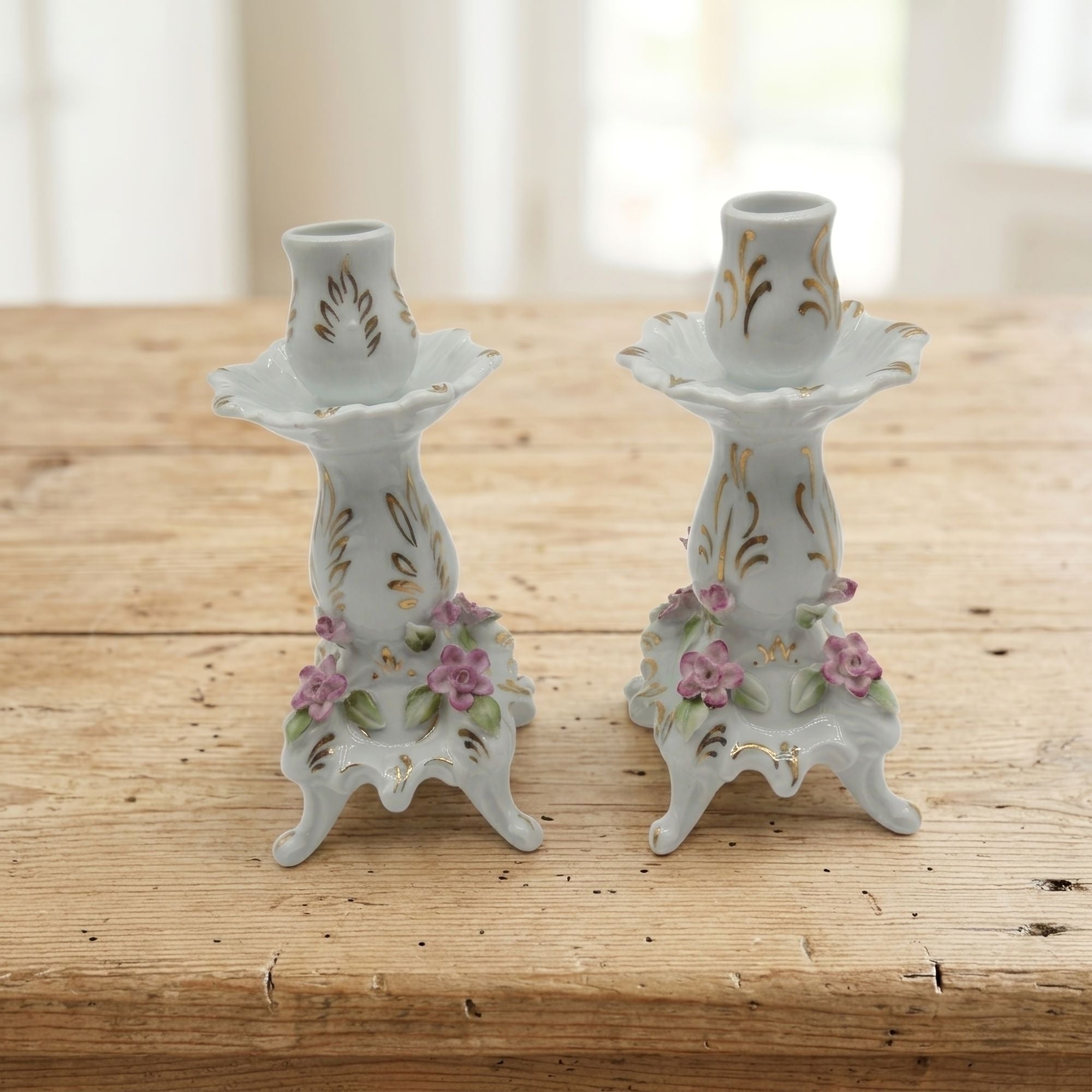 Vintage Dresden-Style Porcelain Candlestick Holders Pair Floral Gold Gilt 7"