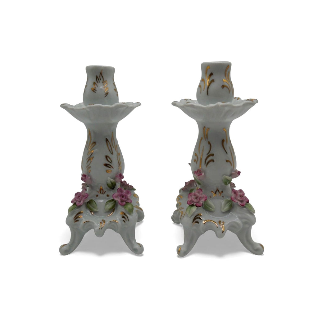 Vintage Dresden-Style Porcelain Candlestick Holders Pair Floral Gold Gilt 7"