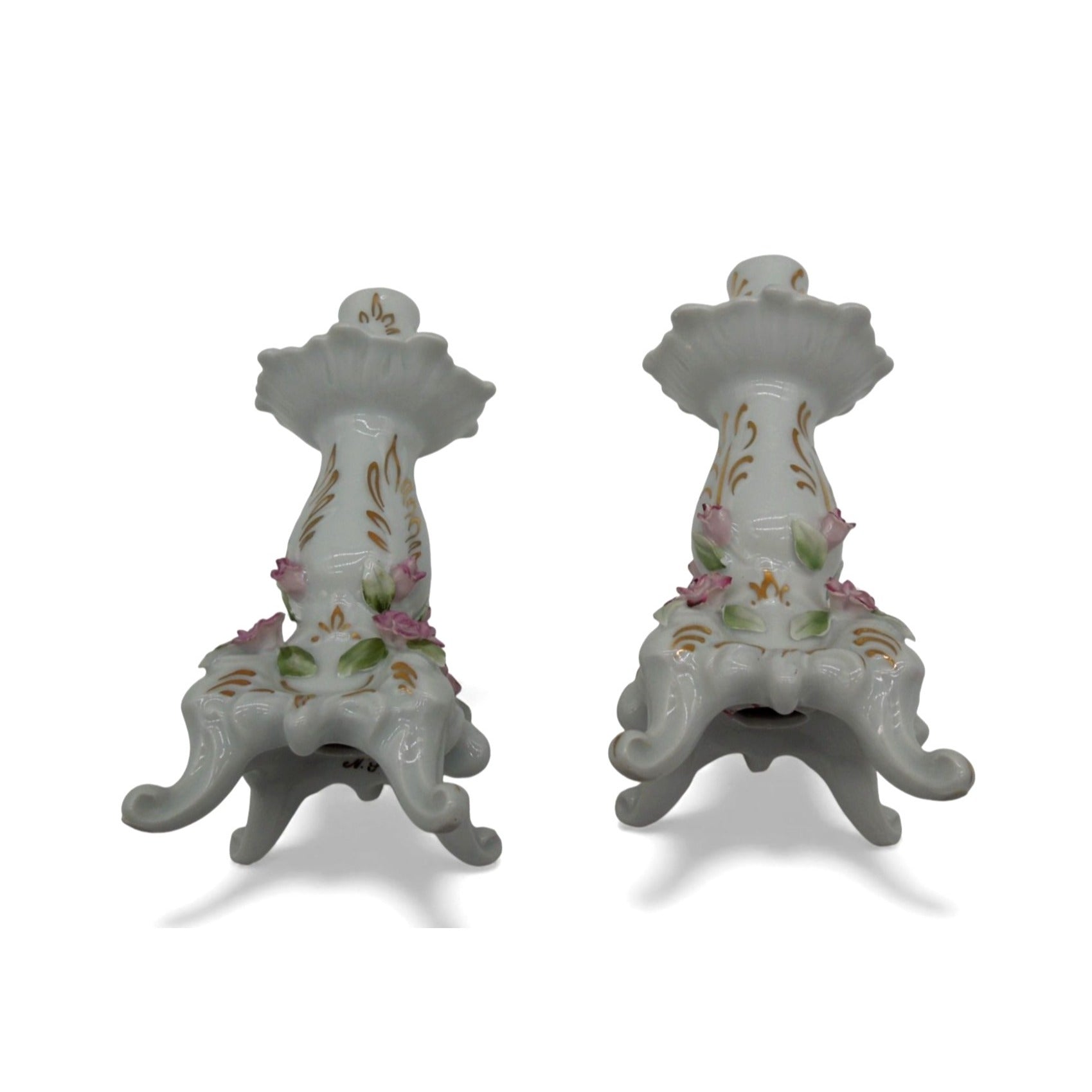 Vintage Dresden-Style Porcelain Candlestick Holders Pair Floral Gold Gilt 7"