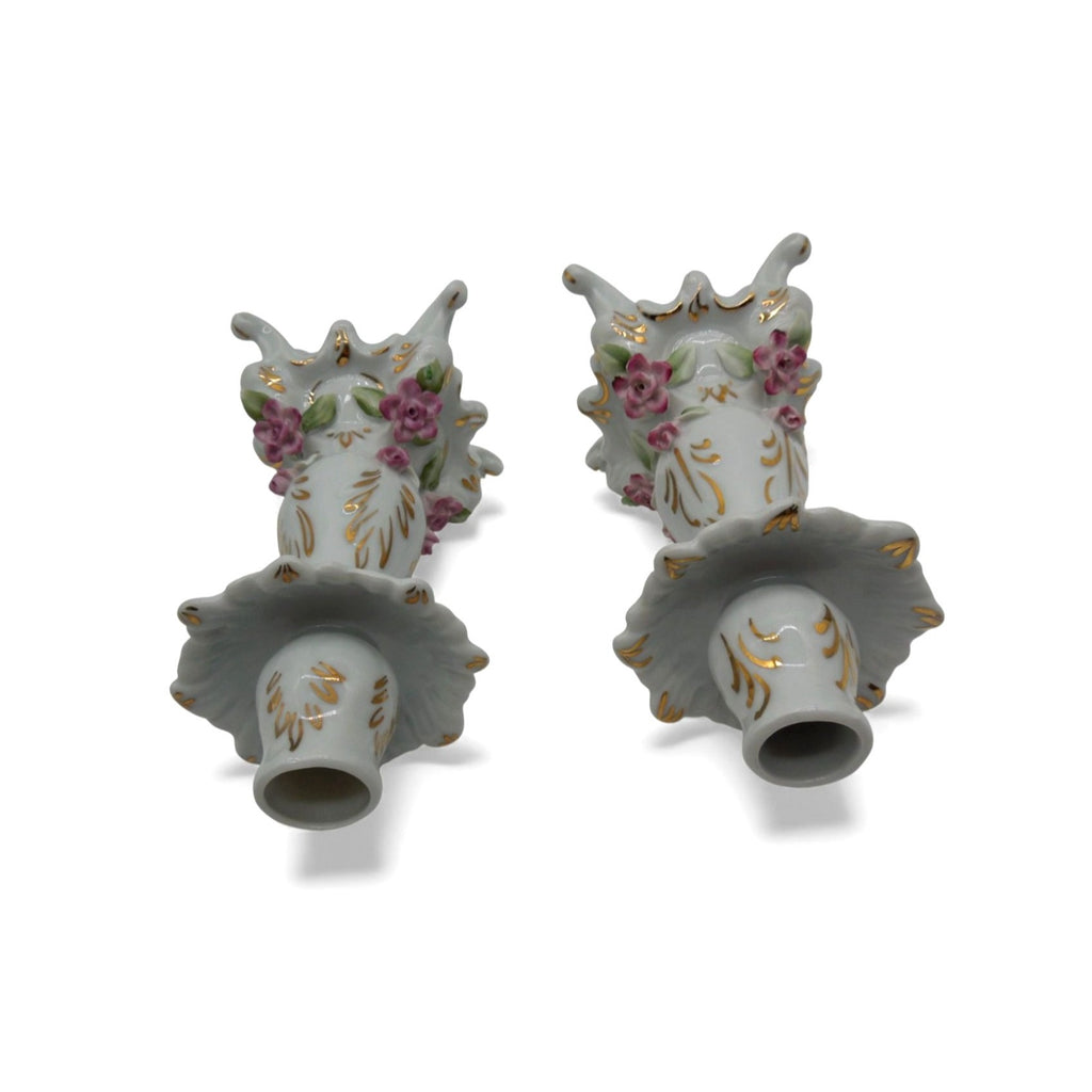 Vintage Dresden-Style Porcelain Candlestick Holders Pair Floral Gold Gilt 7"