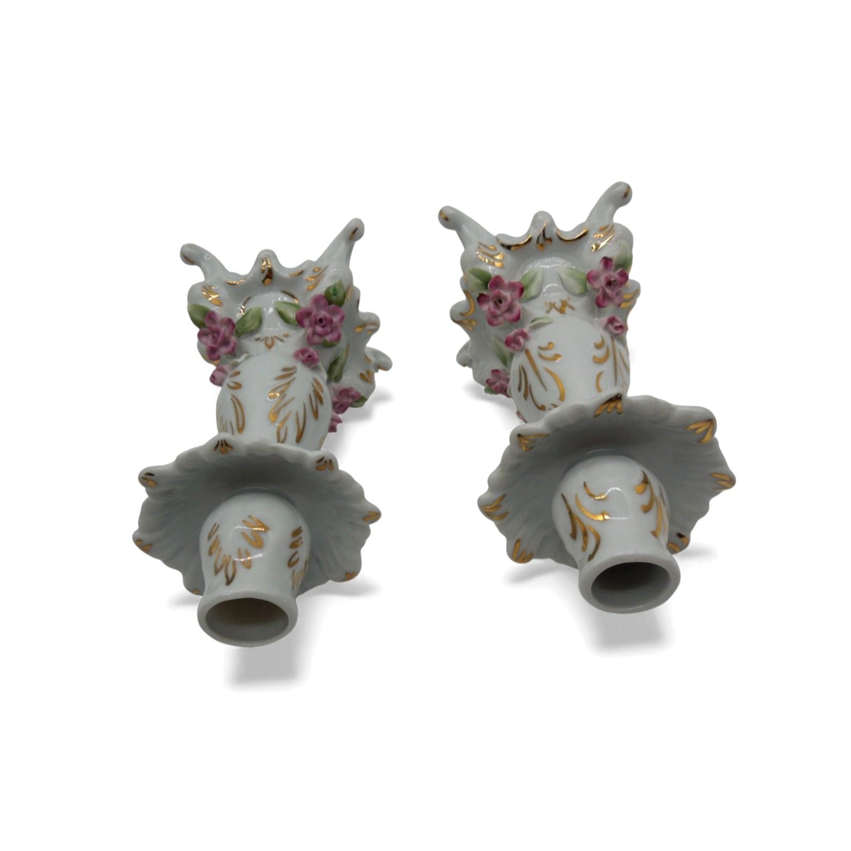 Vintage Dresden-Style Porcelain Candlestick Holders Pair Floral Gold Gilt 7"
