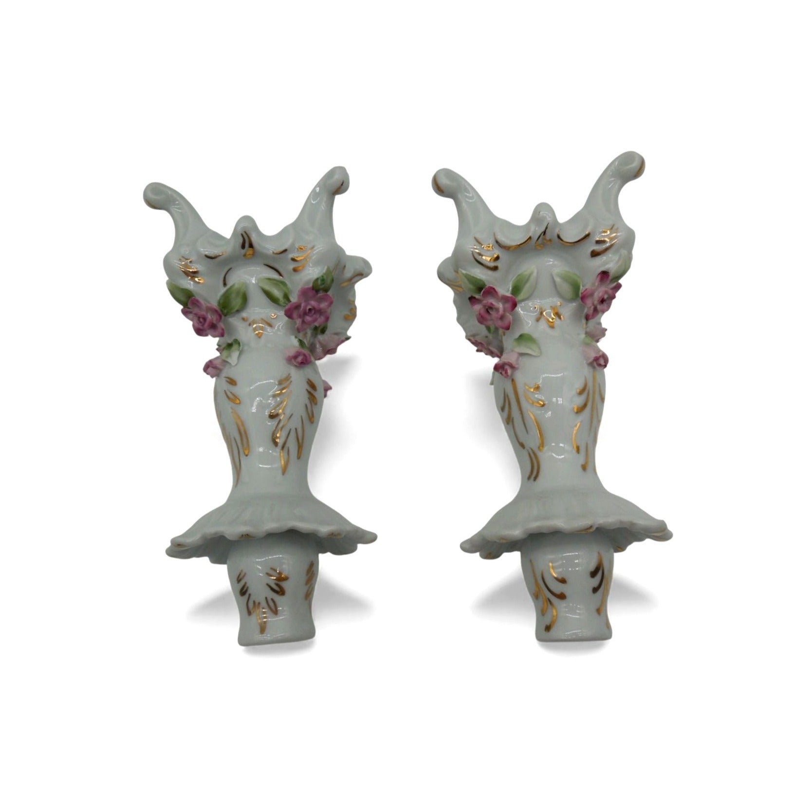 Vintage Dresden-Style Porcelain Candlestick Holders Pair Floral Gold Gilt 7"