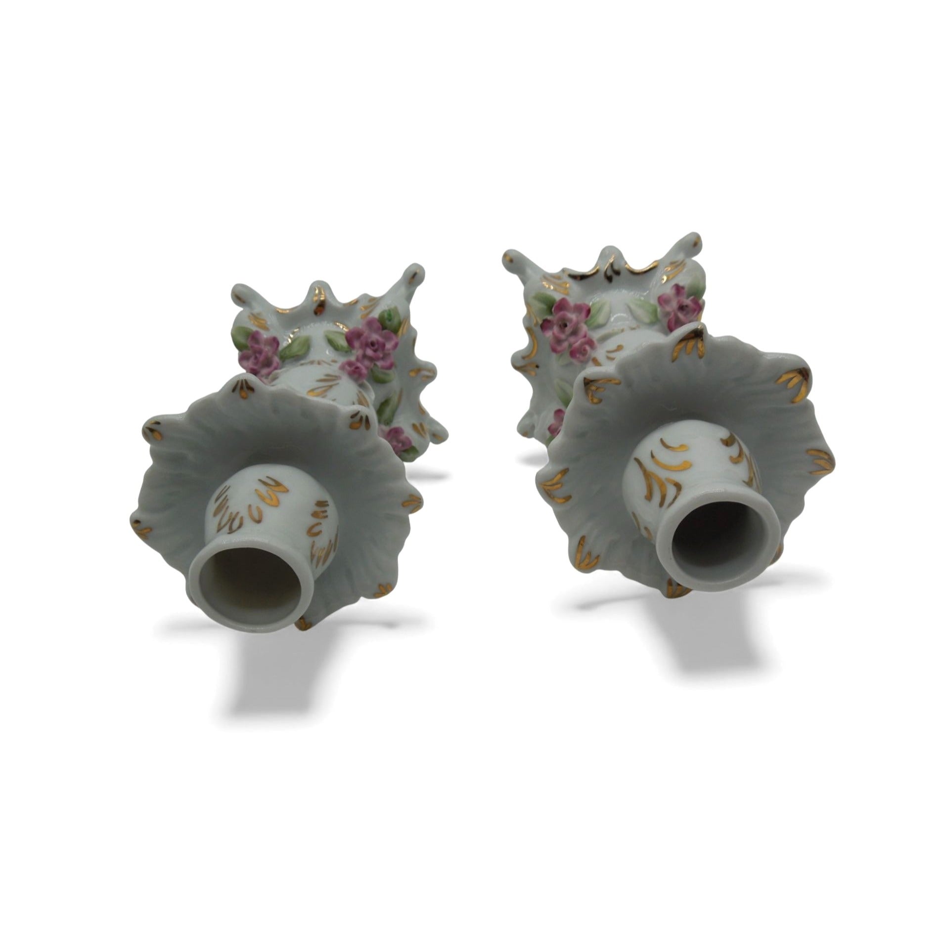 Vintage Dresden-Style Porcelain Candlestick Holders Pair Floral Gold Gilt 7"