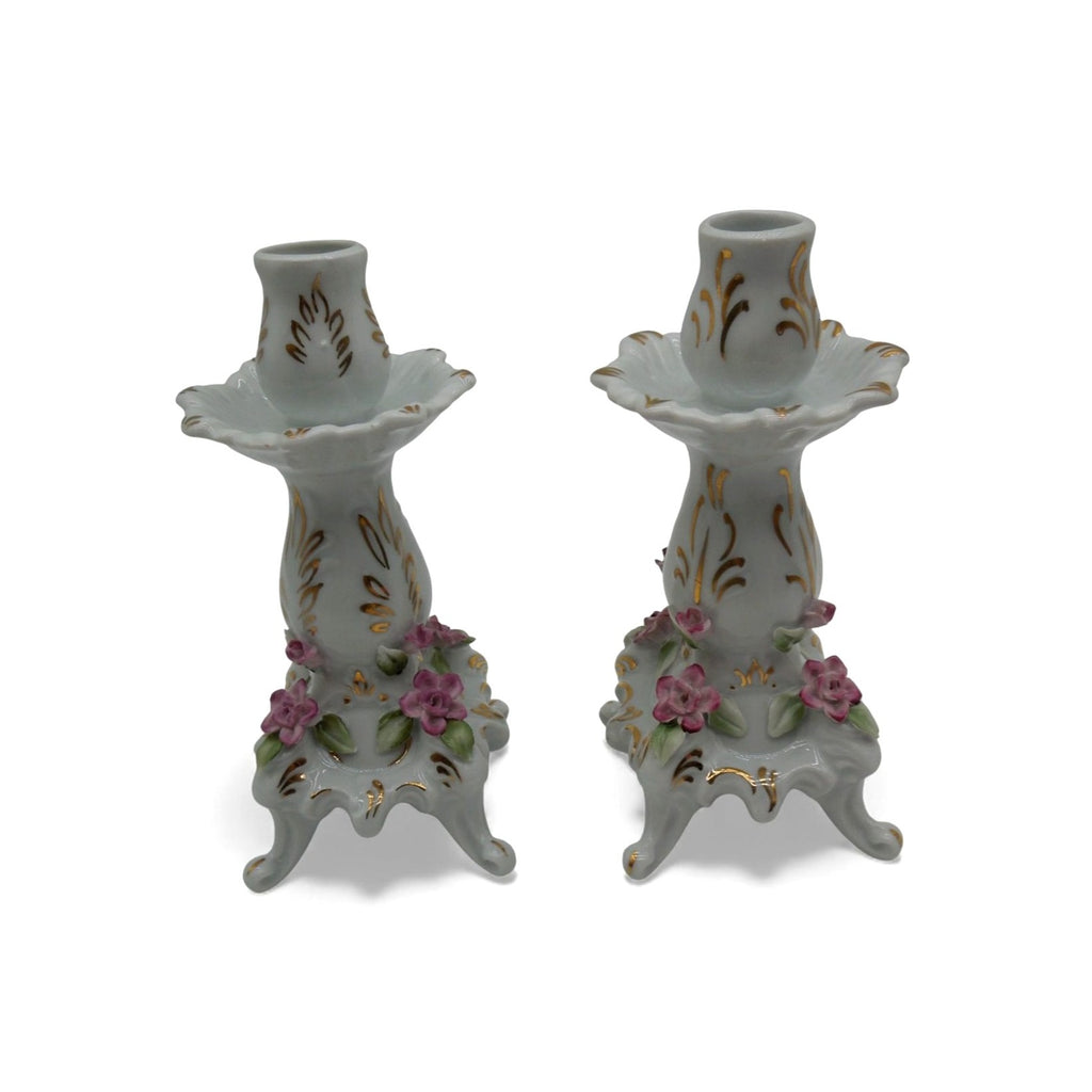 Vintage Dresden-Style Porcelain Candlestick Holders Pair Floral Gold Gilt 7"