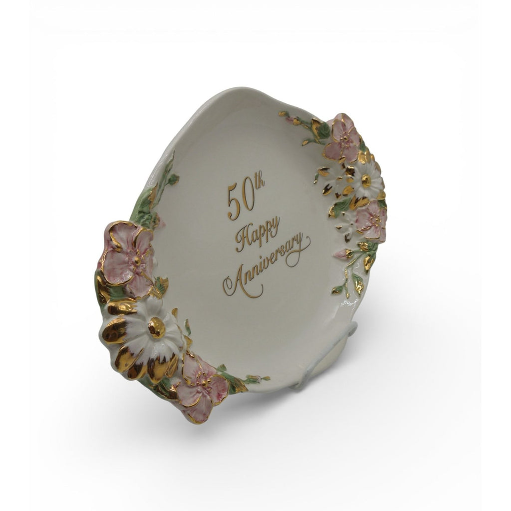 Vintage 50th Anniversary Capodimonte Style Italy Platter Tray Floral 13.5"