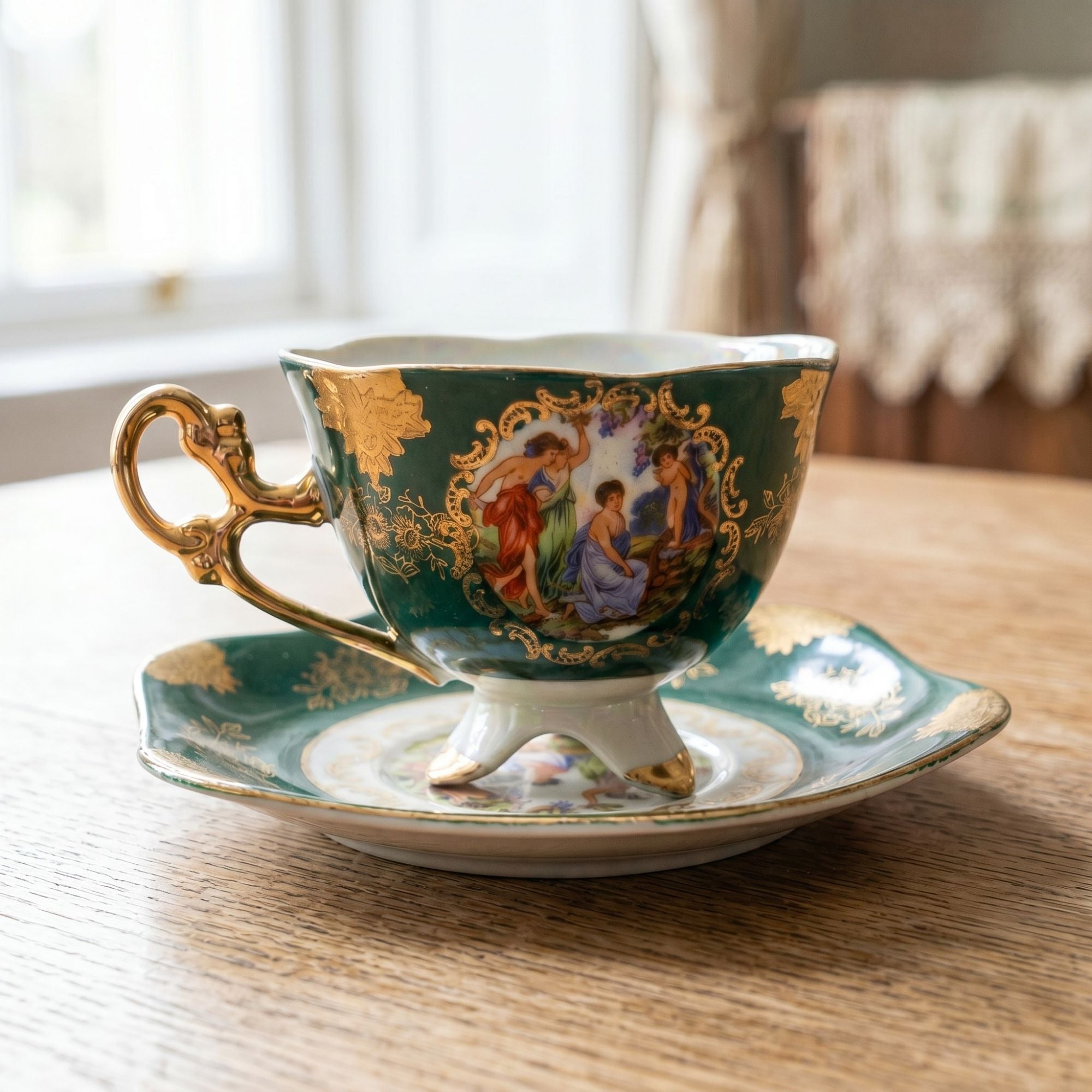 Vintage Shafford Japan Footed Teacup Saucer Three Graces Green Goddess