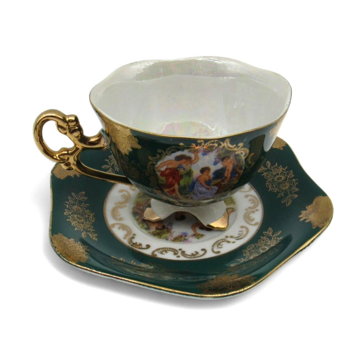 Vintage Shafford Japan Footed Teacup Saucer Three Graces Green Goddess