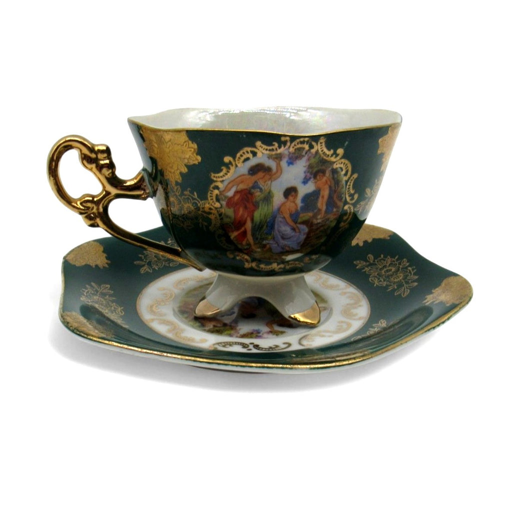 Vintage Shafford Japan Footed Teacup Saucer Three Graces Green Goddess