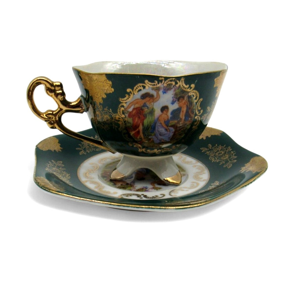 Vintage Shafford Japan Footed Teacup Saucer Three Graces Green Goddess