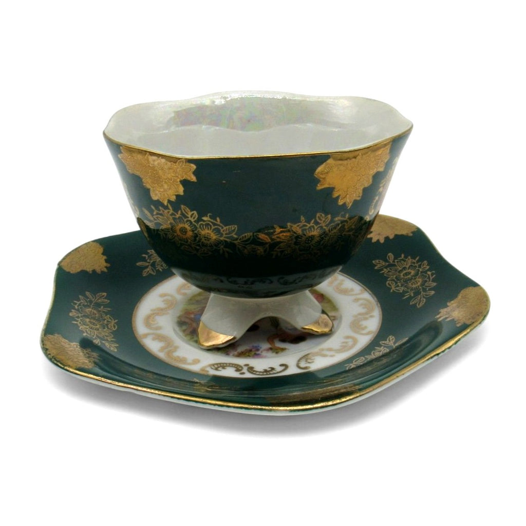 Vintage Shafford Japan Footed Teacup Saucer Three Graces Green Goddess