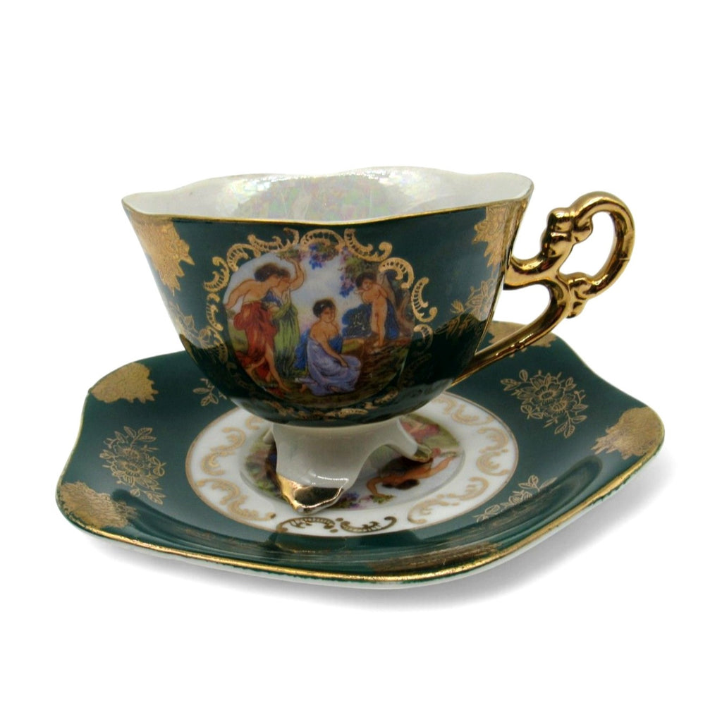 Vintage Shafford Japan Footed Teacup Saucer Three Graces Green Goddess