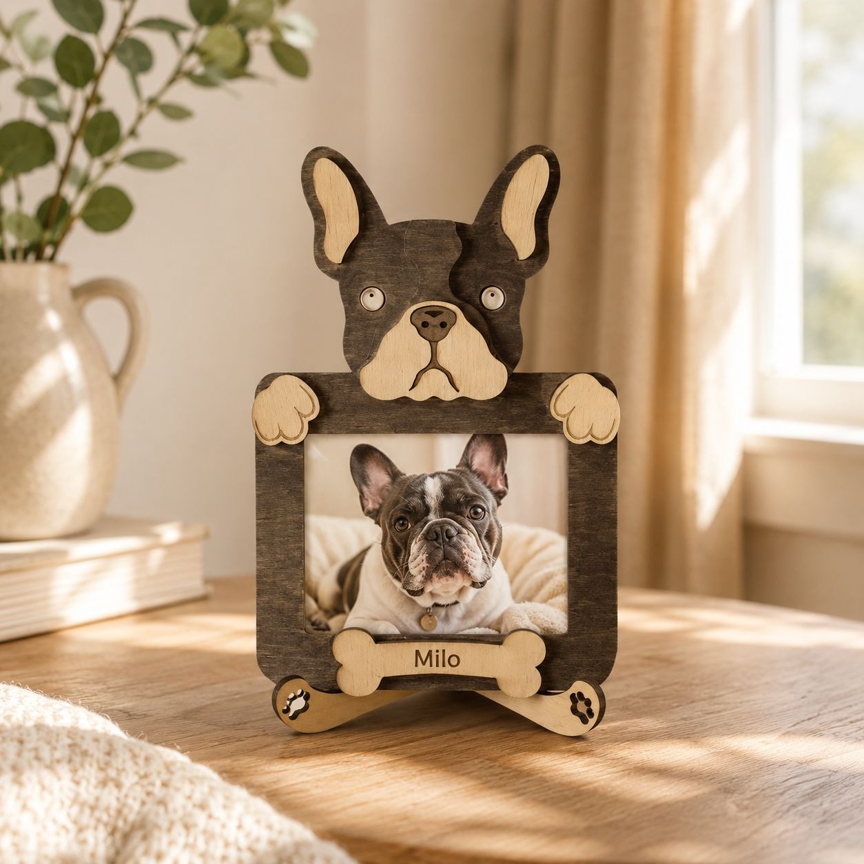 Personalized French Bulldog Wood Photo Frame With Acrylic Cover & Stand for 2 x 3" Photo