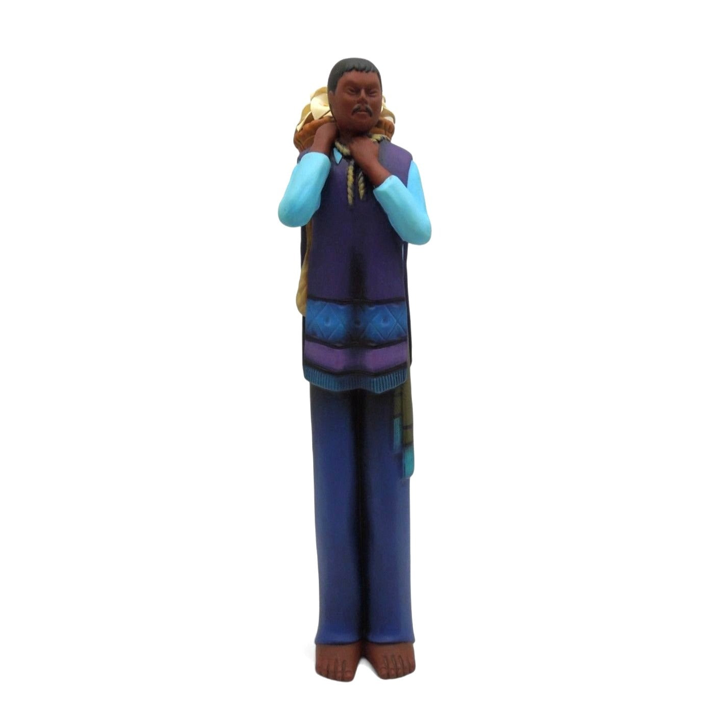 Tialli Mexican Folk Art Clay Man With Lillies Flower Basket On His Back Figurine 15"