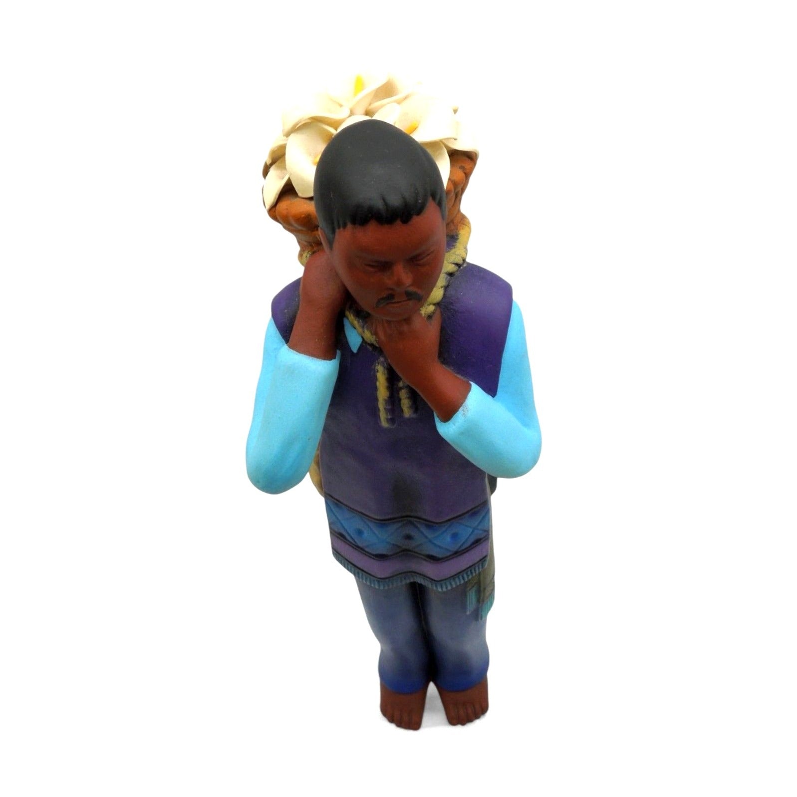 Tialli Mexican Folk Art Clay Man With Lillies Flower Basket On His Back Figurine 15"