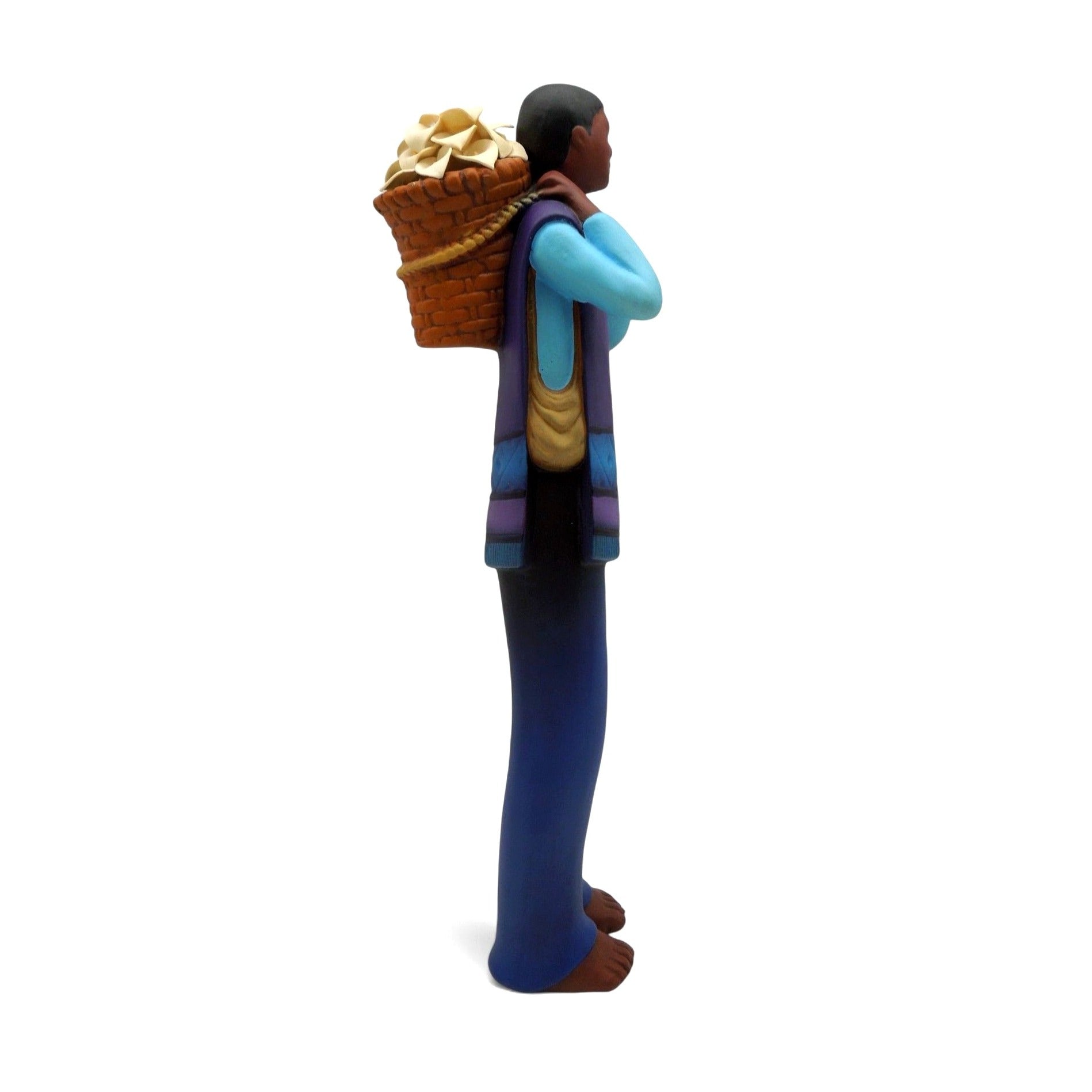 Tialli Mexican Folk Art Clay Man With Lillies Flower Basket On His Back Figurine 15"