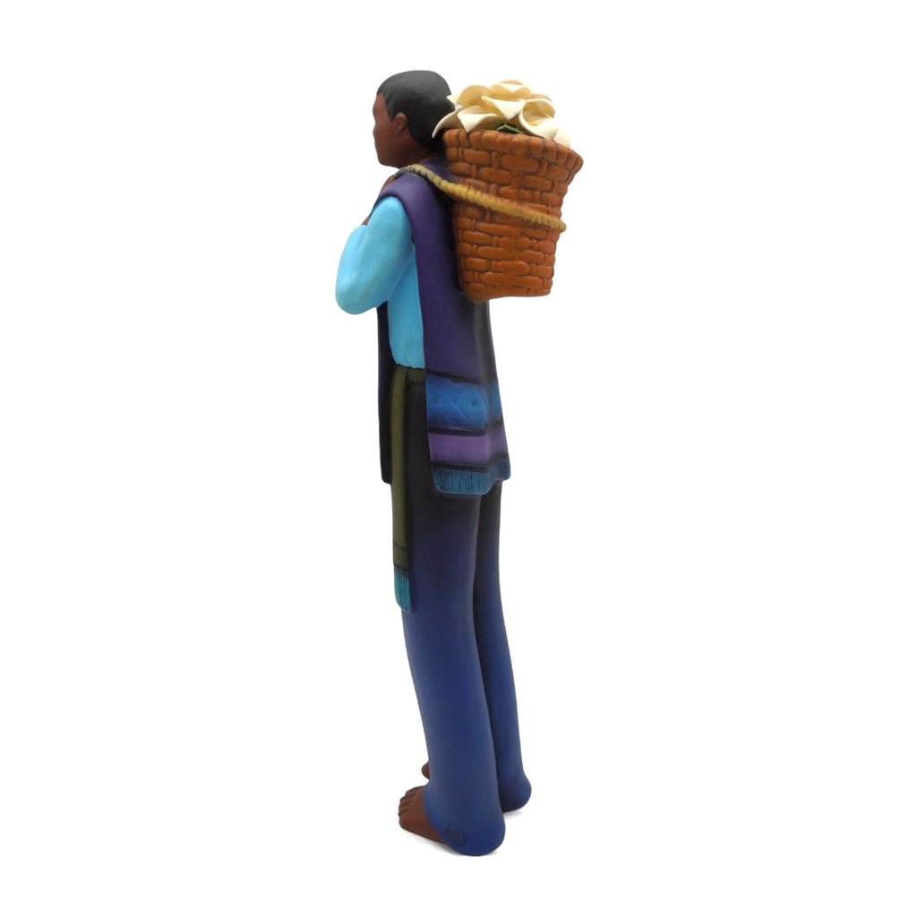 Tialli Mexican Folk Art Clay Man With Lillies Flower Basket On His Back Figurine 15"