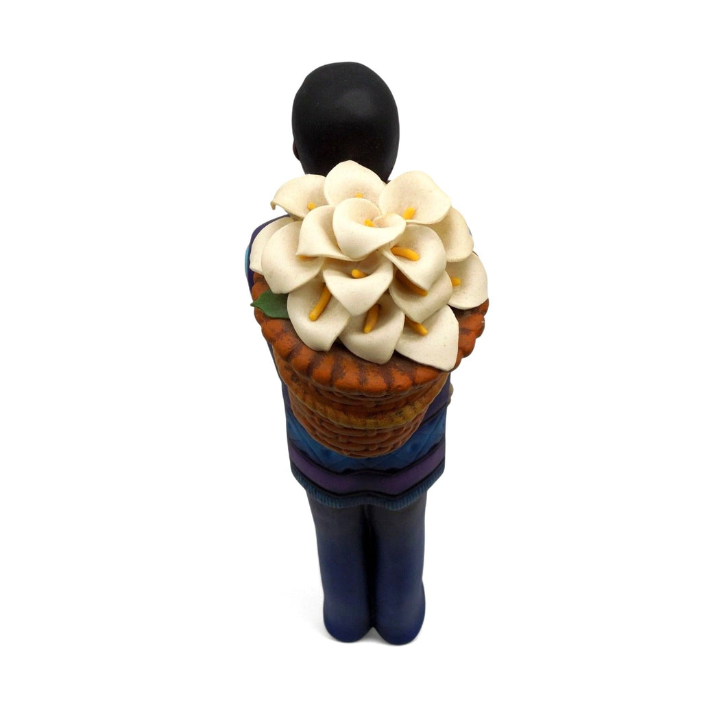 Tialli Mexican Folk Art Clay Man With Lillies Flower Basket On His Back Figurine 15"