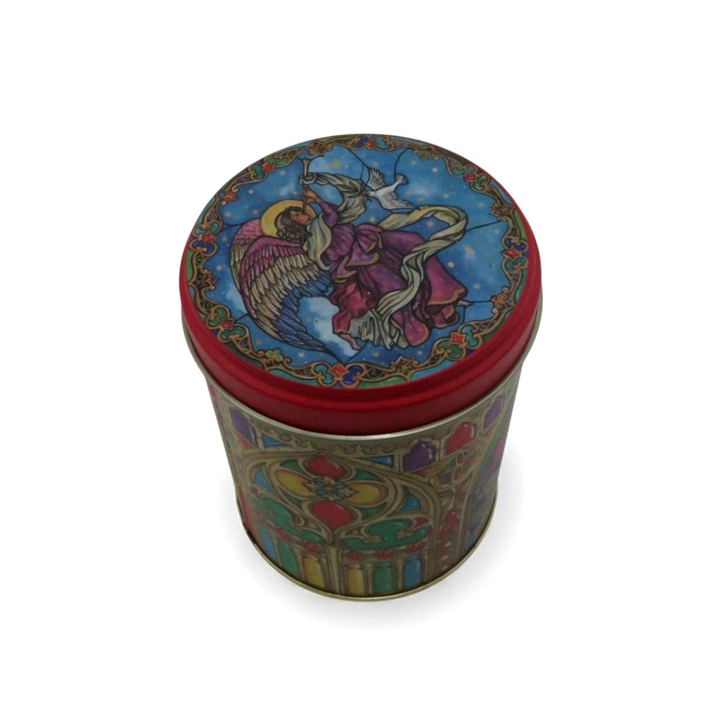 Vintage Angel Cathedral Tin Canister Lidded Christmas Keepsake 4.5"